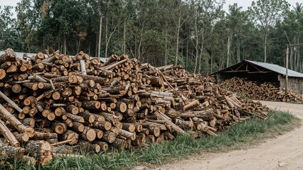 A large stack of firewood and wooden logs outside a woodshed, with trees in the background, illustrating rural landscape, deforestation, and sawn trees.