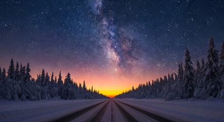 Milky way galaxy stretches across a starry night sky over a snowcovered forest and road at sunset