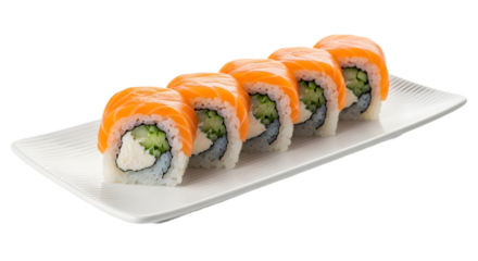 A row of salmon sushi rolls on a white plate on transparent background, png