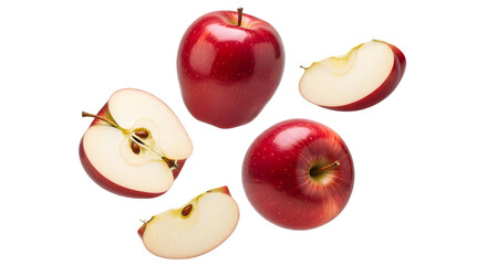 A group of red apples and apple slices floating on transparent background, png © PixGen