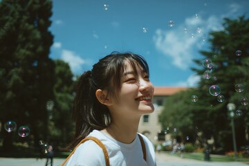 A young woman smiles joyfully as bubbles float around her in the sunlight