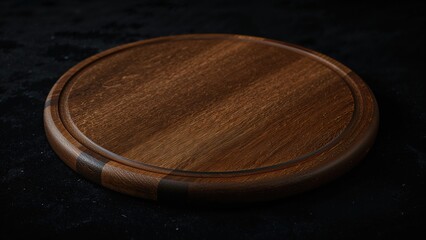 Obraz premium Wooden circular cutting board on black background with focus on empty surface.