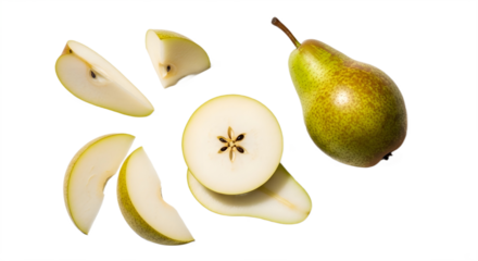 Still life of pears and pear slices on transparent background, png