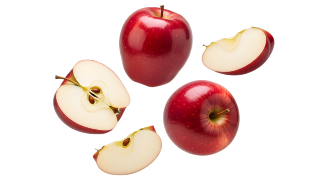 A group of red apples and apple slices floating on transparent background, png