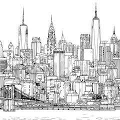 Detailed black and white sketch of a modern city skyline with a famous bridge