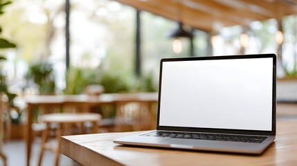 Modern laptop with blank white screen on wooden table in a bright cafe with greenery