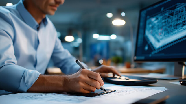 Faceless happy designer drawing architectural blueprint on computer using digital pen tablet creative workspace CAD software digital design architectural planning engineering - Powered by Adobe