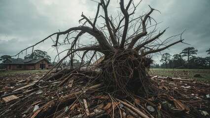 Strong winds storm damage uproots a dead tree.