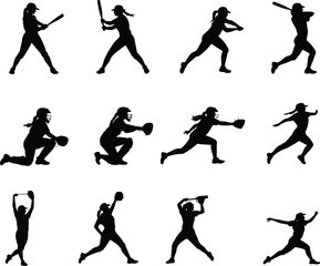 Female softball players in action poses, batting, pitching, catching, fielding, dynamic silhouettes for sports design and branding, flat vector illustration