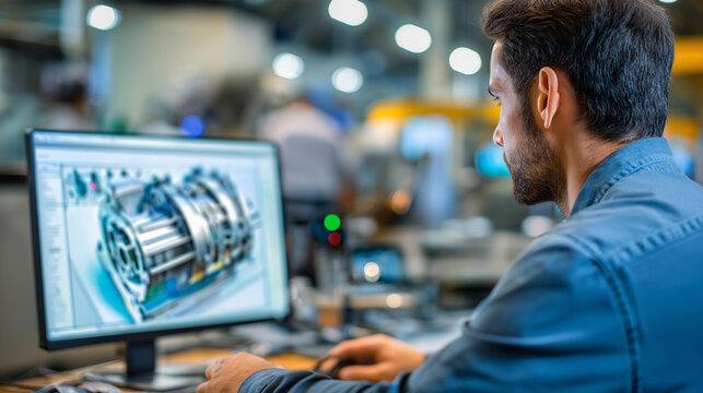 Close up back view of faceless mechanical engineer designing 3D engine model on personal computer professional working at factory industrial design manufacturing development