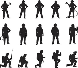 Firefighter silhouettes in action, rescue poses, emergency gear icons for safety, training, public service, branding, and design use, flat vector illustration