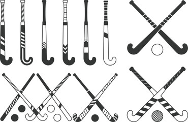 Field hockey sticks and balls, sports equipment icons, team gear layout, flat vector illustration for athletic design and stock graphics