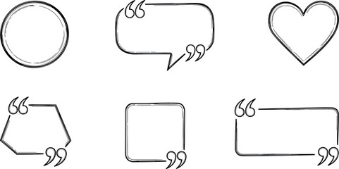 A collection of hand-drawn sketch style quote boxes and speech bubbles. Set of various shapes like circle, square, and heart for text