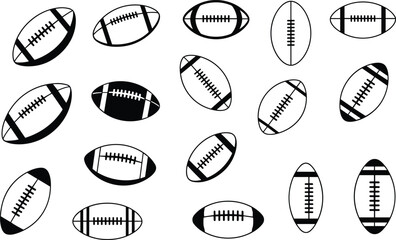 Flat vector illustration of American football ball icons, black and white sports symbols, rugby ball pattern, athletic design elements collection