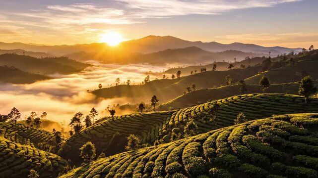 A breathtaking panoramic vista captures the golden hours of either sunrise or sunset over undulating hills meticulously shaped into terraced plantations. Soft, ethereal mist or clouds settle in the va