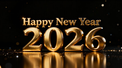 Golden 3d numbers 2026 with happy new year text and sparkling lights on dark background
