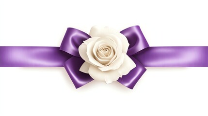 a purple ribbon bow with a white rose in the center, photorealistic design, clean and elegant, isolated on white background