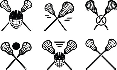 Flat vector illustration of crossed lacrosse sticks, helmet, and ball icons, sports equipment symbols, team game design elements, black silhouette