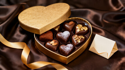 A heart-shaped golden box filled with assorted gourmet chocolates, decorated with almonds and gold leaf, rests on rich brown silk with a ribbon, perfect for a romantic gift.