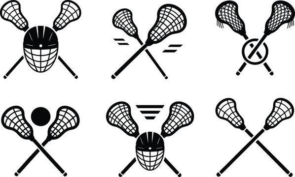 Flat vector illustration of crossed lacrosse sticks, helmet, and ball icons, sports equipment symbols, team game design elements, black silhouette