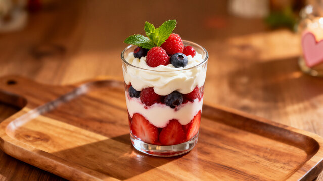 A refreshing layered parfait in a glass features fresh strawberries, raspberries, and blueberries with whipped cream, served on a wooden cutting board for a sweet treat.