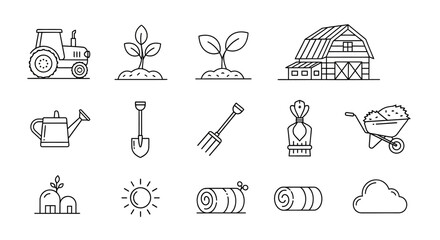 A collection of farm and gardening icons in a simple line art style