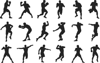 Human movement silhouettes, dynamic poses, athletic actions, jumping, dancing, punching, crouching, expressive body motion, flat vector illustration, black figures