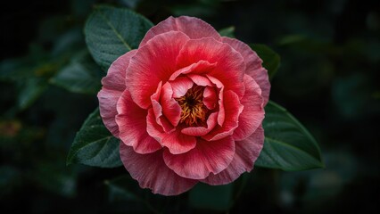 Beautiful close-up of a Japanese camellia flower with vibrant pink petals and green leaves.