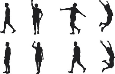 Human movement silhouettes, walking, jumping, standing, expressive poses, body gesture, black icons, dynamic action, flat vector illustration, motion study