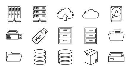 A collection of digital storage and organization icons in black and white