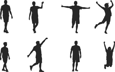 Human silhouette poses, dynamic body gestures, expressive movement icons, walking jumping standing celebrating actions, flat vector illustration for design assets