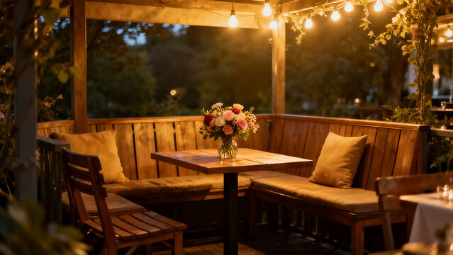 A warm and inviting wooden outdoor seating area in a restaurant patio, adorned with string lights, features a small table, built-in benches, and plush cushions in the evening.