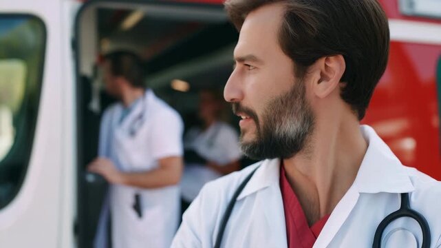 Emergency medical worker smiles while readying an ambulance for urgent care in a city setting during daylight hours