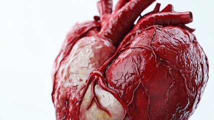 A realistic closeup of a human heart freshly removed, detailed textures of veins and arteries, isolated on a white background