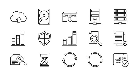 Set of outline icons relating to data storage, analysis, security, and time management on white background