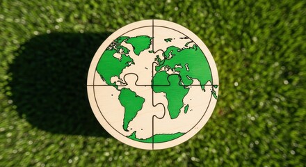 A wooden puzzle of the earth, representing global unity and environmental care, rests on green grass