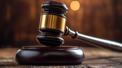 Close up of gavel striking block, symbolizing justice and authority, with soft focus background enhancing emotional impact