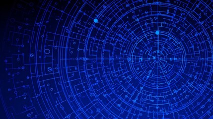Obraz premium Abstract futuristic blue hologram background showing complex technological connections, digital data, and circuit lines on a dark screen.