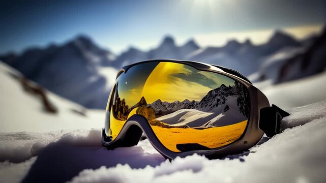 Ski goggles resting on fresh snow with mountain peaks reflecting in the lenses under bright sunlight