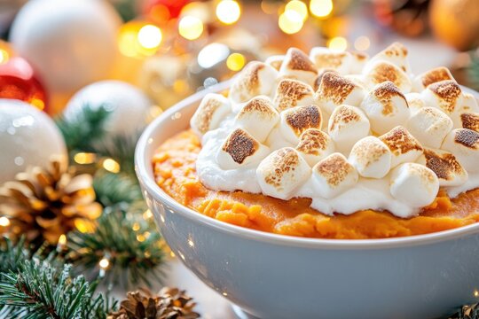 Festive sweet potato casserole with toasted marshmallows and holiday decorations