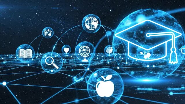 Digital education network with glowing icons of graduation cap, book, apple, globe, and magnifying glass on a starry background