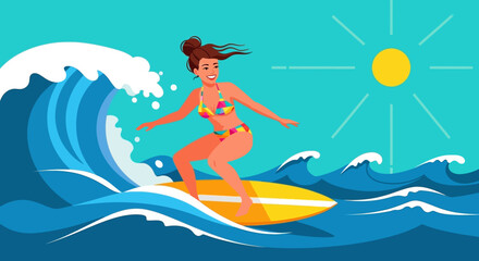 Cheerful surfer girl rides a wave under the bright sun for a fun day at sea during summer vacation