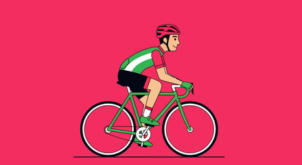 Fototapeta premium Illustrated cyclist pedaling on a green bicycle, demonstrating health and wellness concept, with