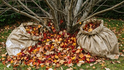 Dried fall leaves in garbage bags in garden. Collected waste for recycle concept.