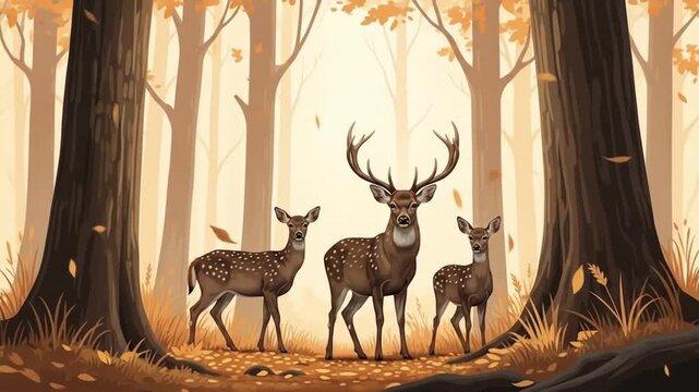 Magical autumn forest featuring deer family foraging among falling leaves, creating a tranquil nature scene perfect for seasonal stories
