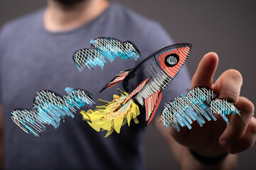 Abstract concept art of rocket taking off, person hand touch. Symbol of success, future, creative innovation, startup launch, digital world conc