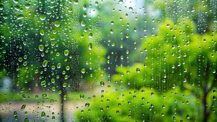 Raindrops on window glass with blurred green trees and foliage background