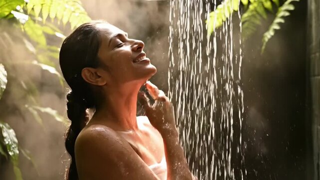 A happy person stands under a refreshing shower in a serene, nature-inspired setting, surrounded by lush green foliage and warm, dappled light. Water cascades down, creating a misty ambiance as the in
