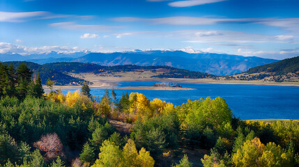 Stunning aerial photograph of Batak Reservoir captured in autumn, showcasing vibrant golden forests, deep blue water, and distant snow-capped mountains. 