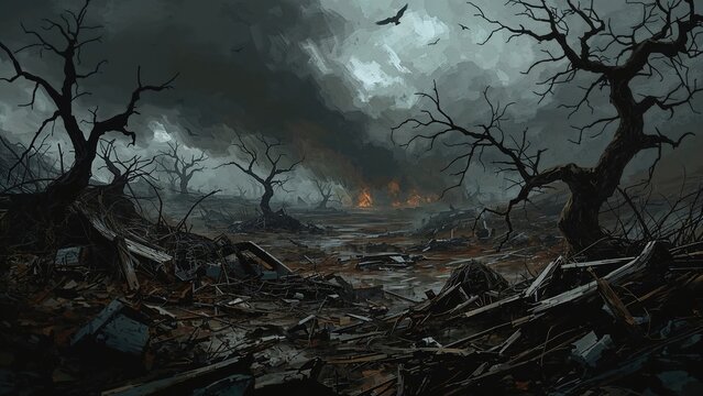 Windy Day Drawing Coal Digital Art depicting a dark, stormy landscape with barren trees and a chaotic scene.